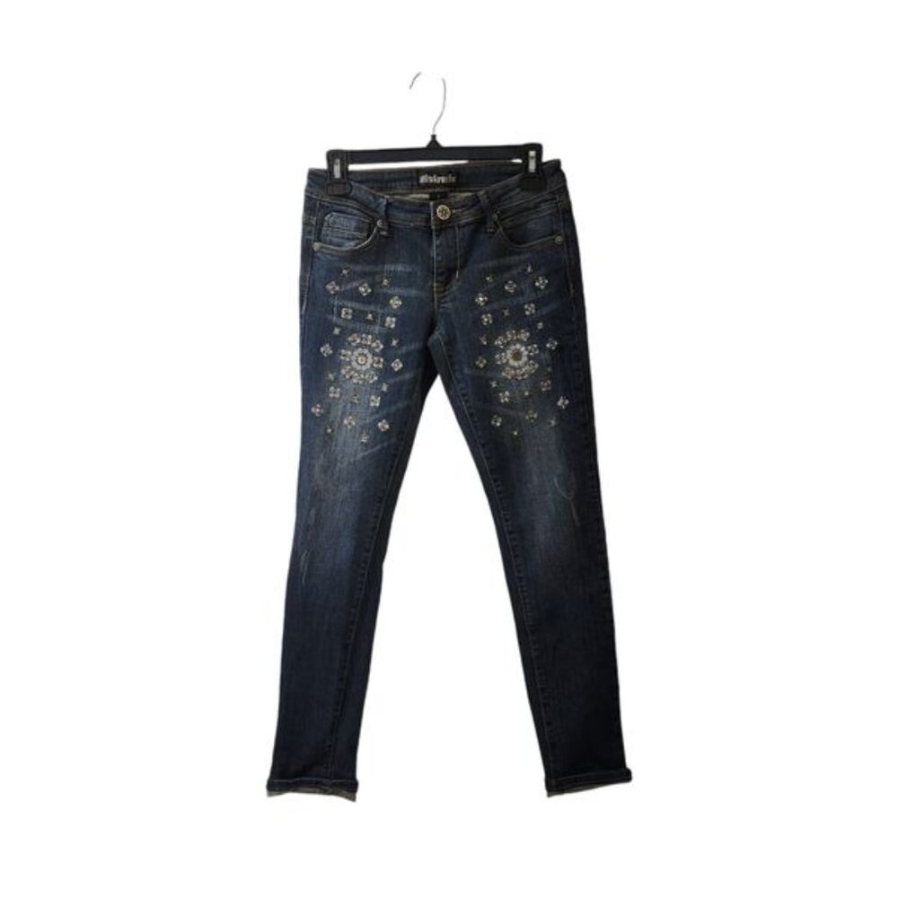 Karma Blue Embroidered Floral Flowers Rhinestones Skinny Jeans Size 3 Low Rise